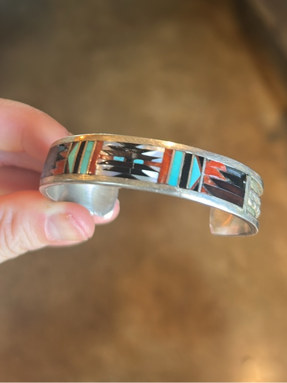 Vintage Sterling Silver Stamped Native American Zuni Inlay Cuff Bracelet